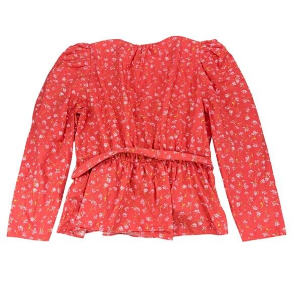 ZARA Red Floral Print Top Blouse With Belt Puff Shoulder Size XL - Picture 13 of 13